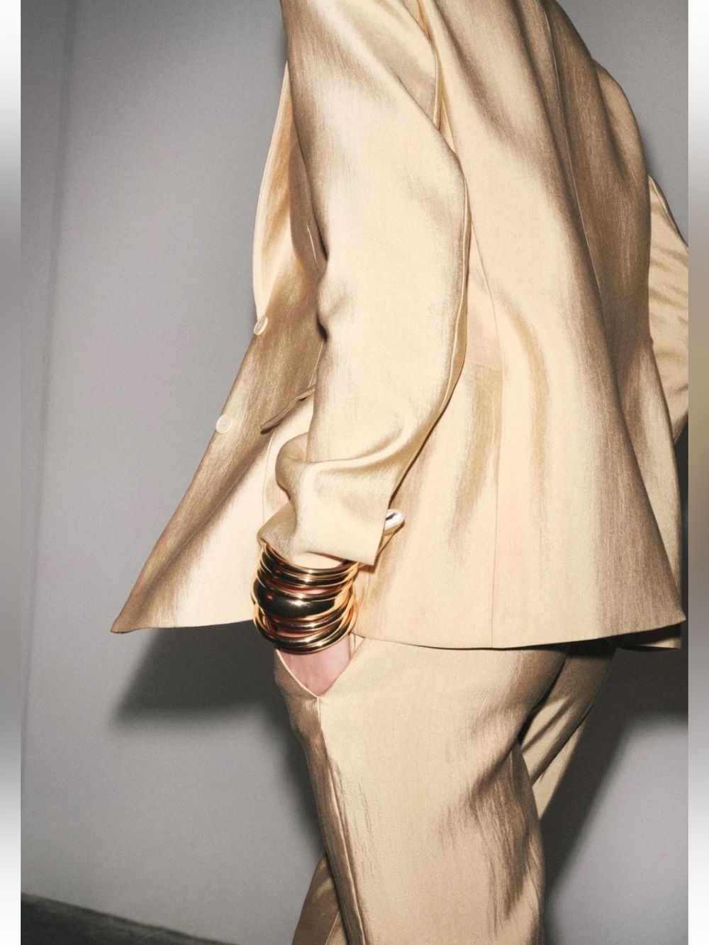 Zara NWT 2 piece SET ZW collection Gold cinch waist structured blazer & pants - Picture 7 of 15